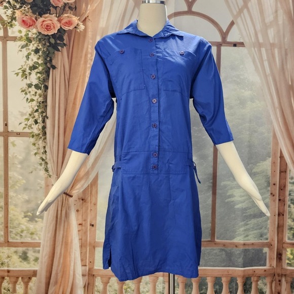 The Unbranded Brand Dresses & Skirts - Vintage 1980s Dress Royal Blue Drop Waist Long Sleeve Button Down Collared